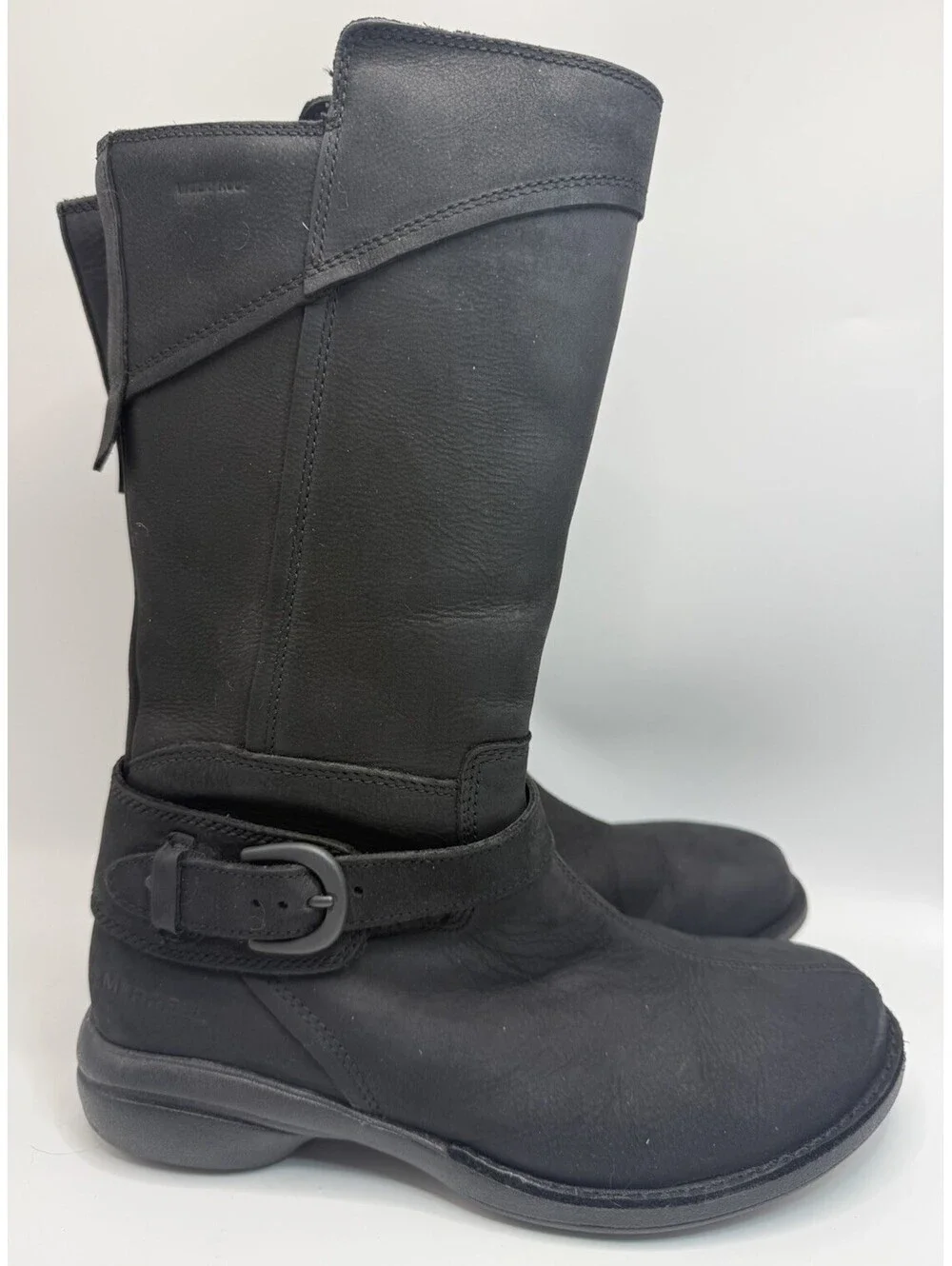 Merrell Captiva Boots Womens Sz 7 Black Leather Buckle Strap Side Zip Calf NWOB